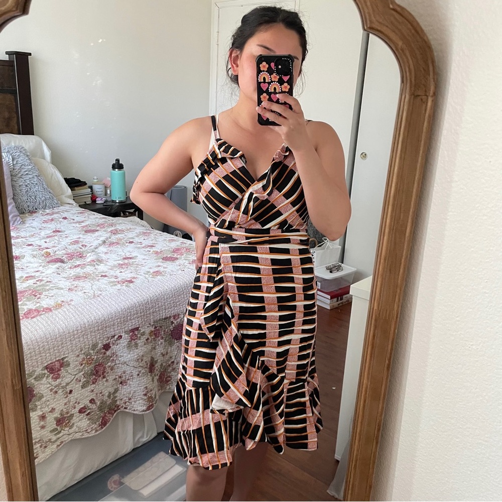 NWT Ann Taylor Black and Orange Faux Wrap Dress Size 2P